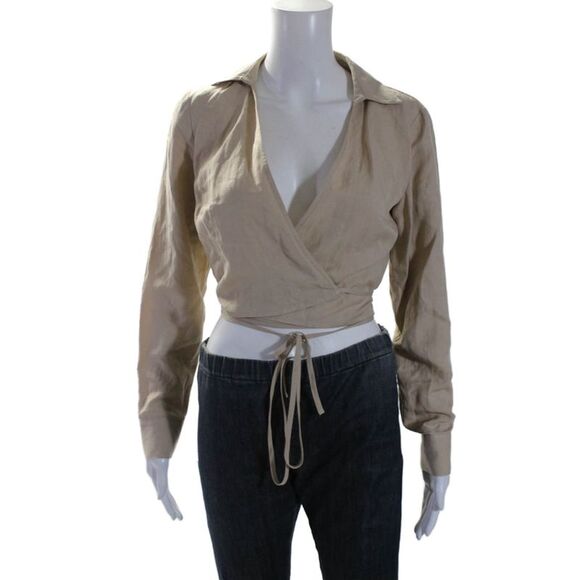 Intermix Tops - Intermix Womens Long Sleeve Collared Tie Wrap Blouse Beige Size S